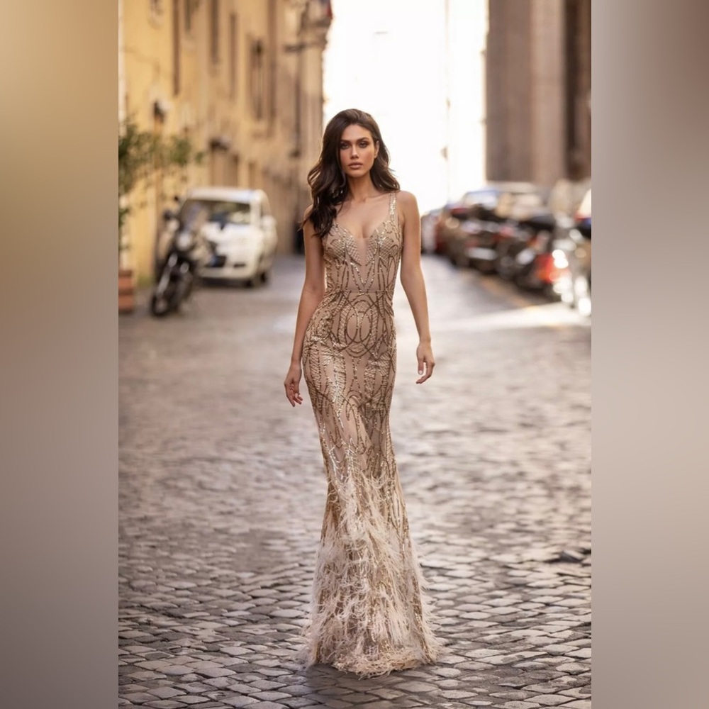 Alamour The Label Champagne Beaded Feathered Mermaid Prom Dress